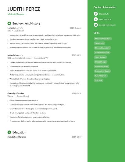 Material Movers Resume
