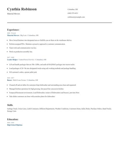 Material Movers Resume