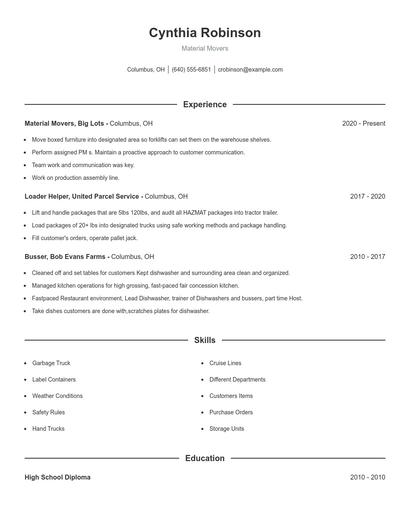Material Movers Resume