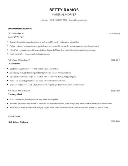 Material Worker Resume