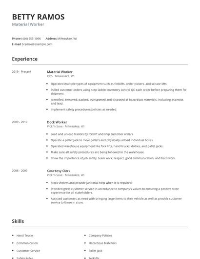 Material Worker Resume