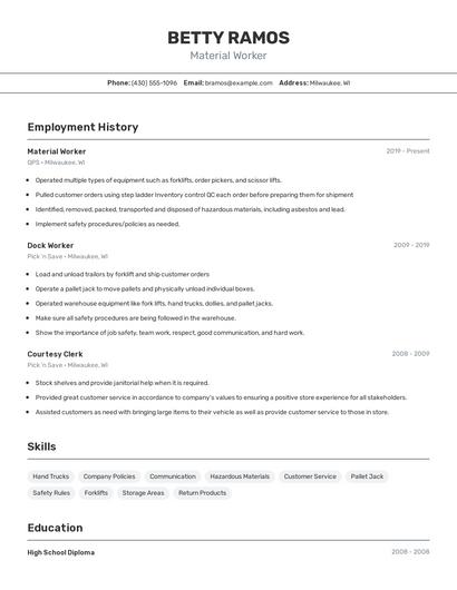 Material Worker Resume