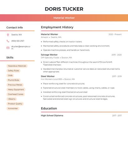 Material Worker Resume