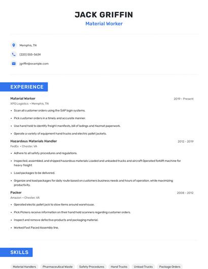 Material Worker Resume