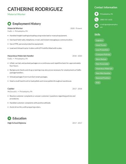 Material Worker Resume