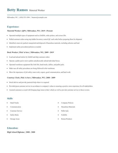 Material Worker Resume