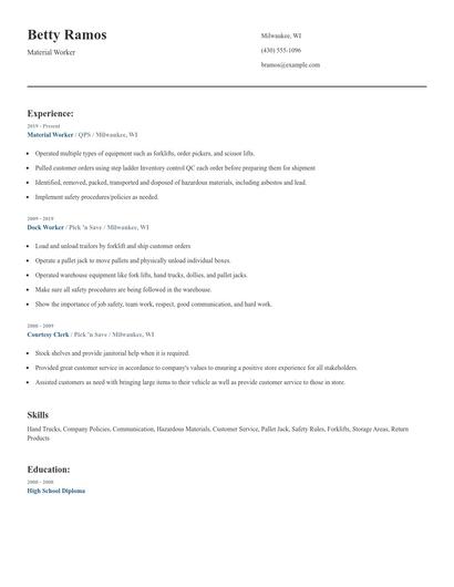 Material Worker Resume