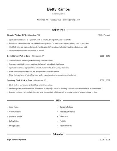 Material Worker Resume