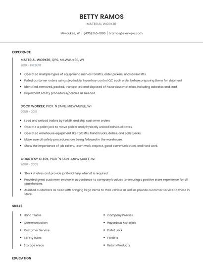 Material Worker Resume