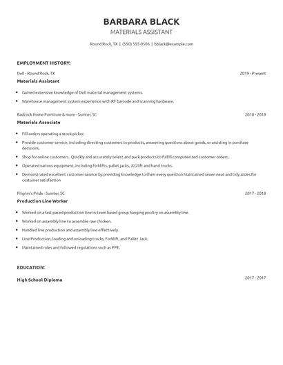 Materials Assistant Resume