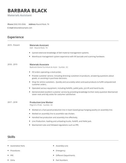 Materials Assistant Resume