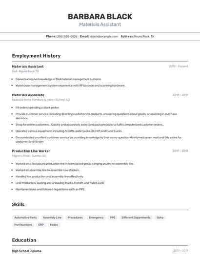 Materials Assistant Resume