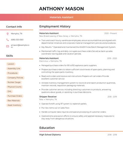 Materials Assistant Resume