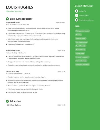 Materials Assistant Resume