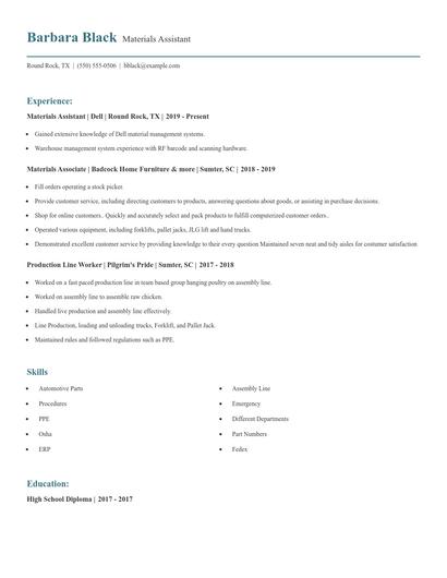 Materials Assistant Resume