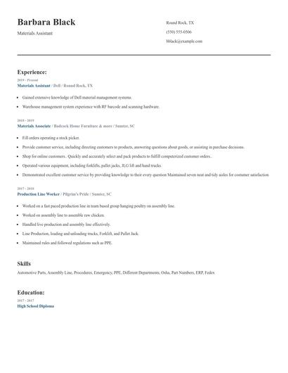 Materials Assistant Resume