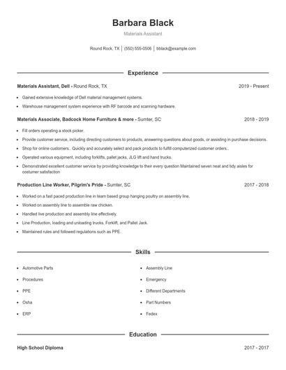 Materials Assistant Resume