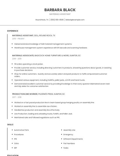 Materials Assistant Resume