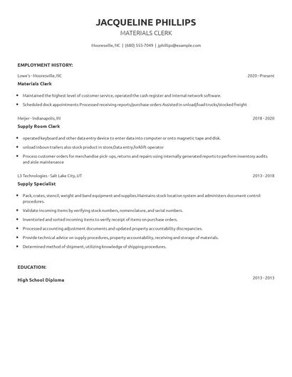 Materials Clerk Resume