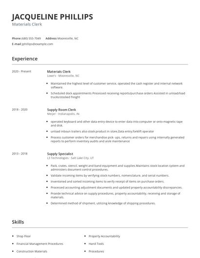 Materials Clerk Resume