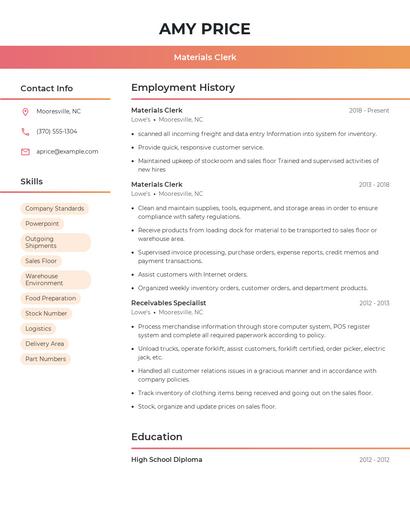 Materials Clerk Resume