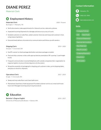 Materials Clerk Resume