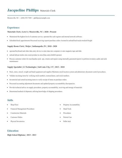 Materials Clerk Resume