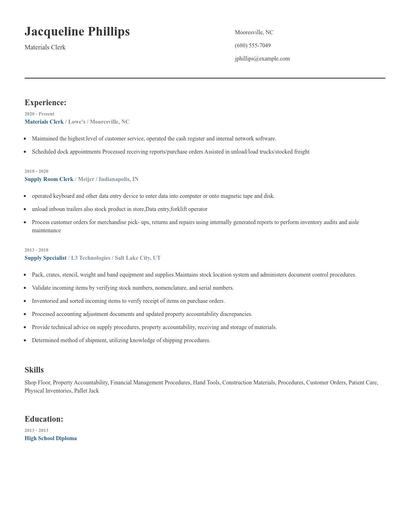Materials Clerk Resume