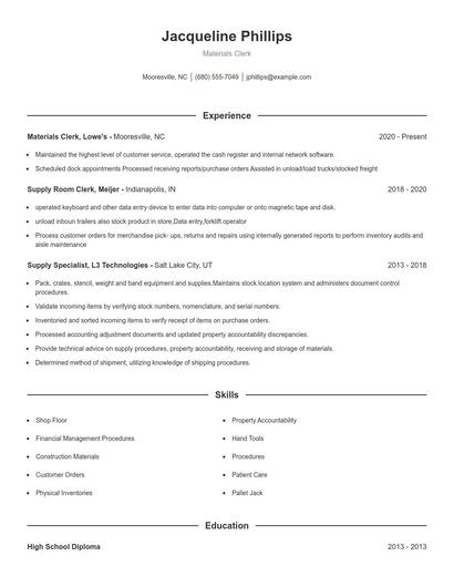 Materials Clerk Resume