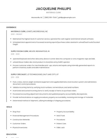 Materials Clerk Resume