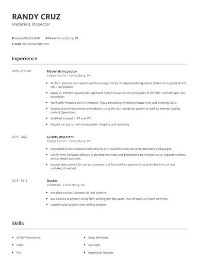 Materials Inspector Resume