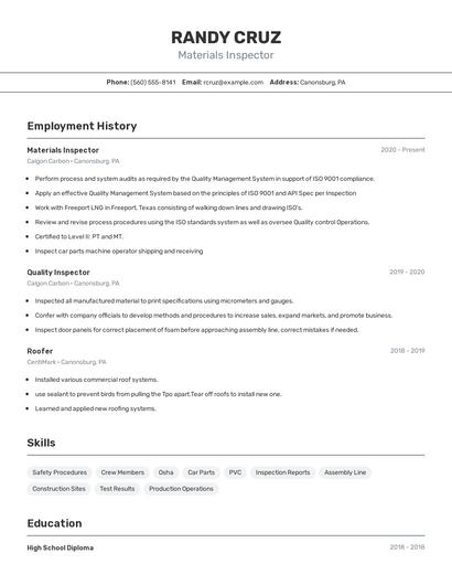 Materials Inspector Resume