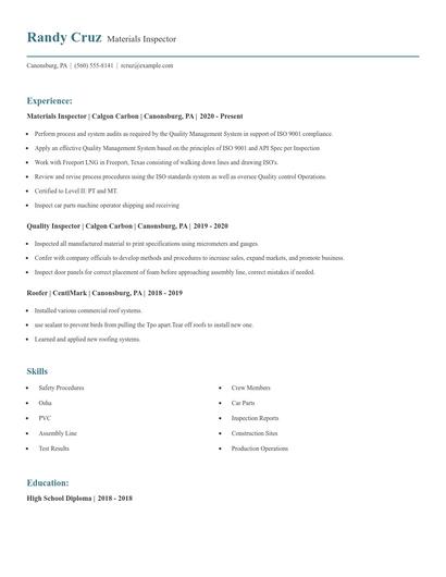 Materials Inspector Resume