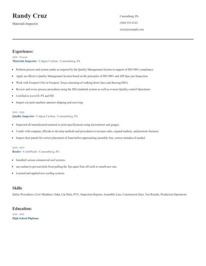 Materials Inspector Resume