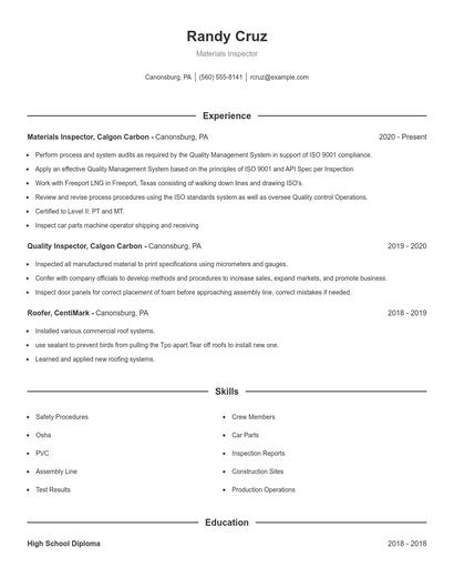 Materials Inspector Resume