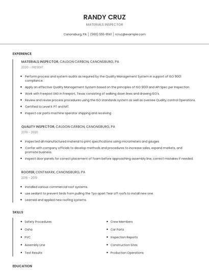 Materials Inspector Resume
