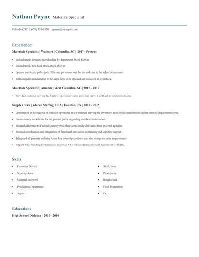 Materials Specialist Resume