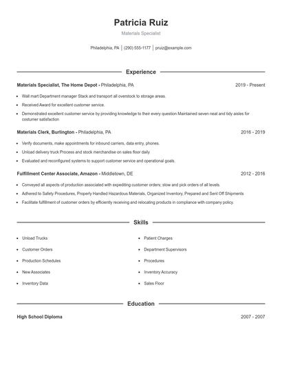 Materials Specialist Resume