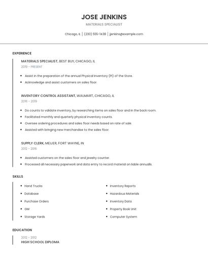 Materials Specialist Resume