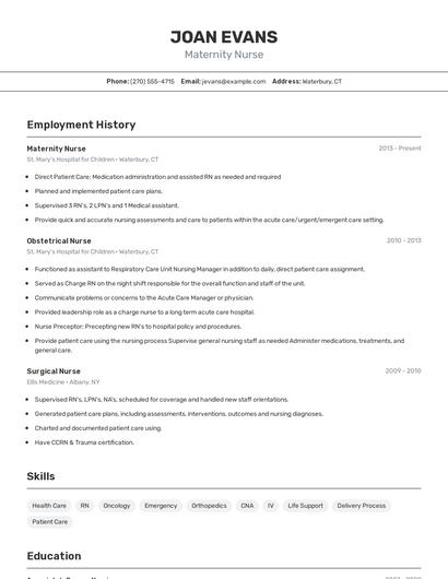 Maternity Nurse Resume