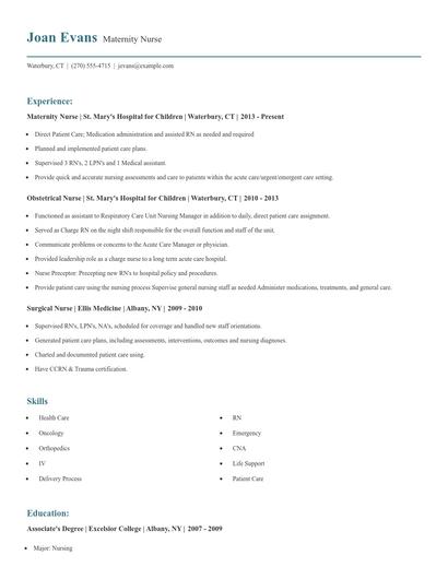 Maternity Nurse Resume