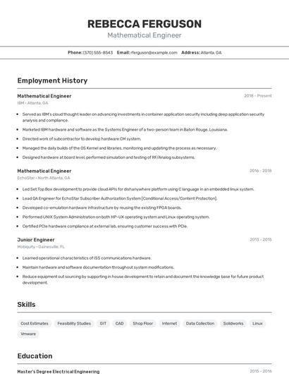 Mathematical Engineer Resume