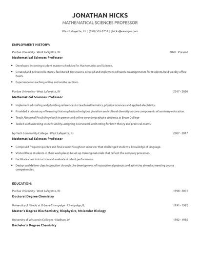 Mathematical Sciences Professor Resume