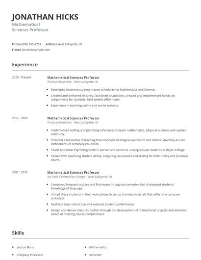 Mathematical Sciences Professor Resume