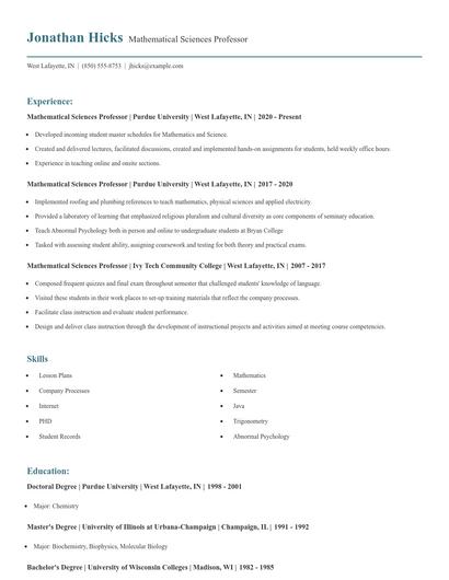 Mathematical Sciences Professor Resume