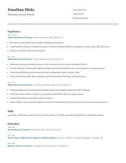 Mathematical Sciences Professor Resume
