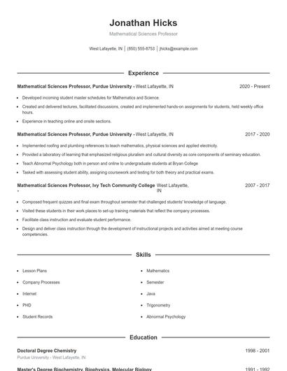 Mathematical Sciences Professor Resume