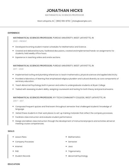 Mathematical Sciences Professor Resume