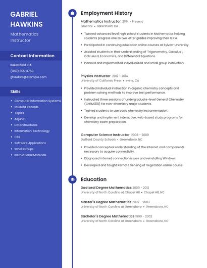 Mathematics Instructor Resume