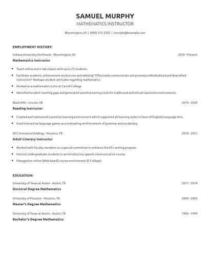 Mathematics Instructor Resume